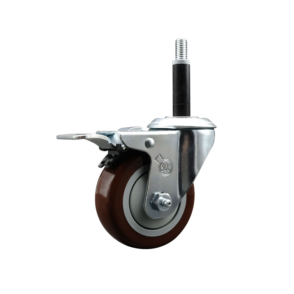 Stainless Steel Polyurethane Expanding Stem Swivel Caster with 3.5 in. Maroon Wheel & 0.75 in. Stem & Total Locking Brake