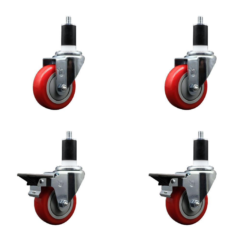 SCC-EX20S3514-PPUB-RED-2-PLB-2-112 Polyurethane Swivel Expanding Stem Caster with 3.5 in. Red Wheels & 1.5 in. Stems - Set of 4