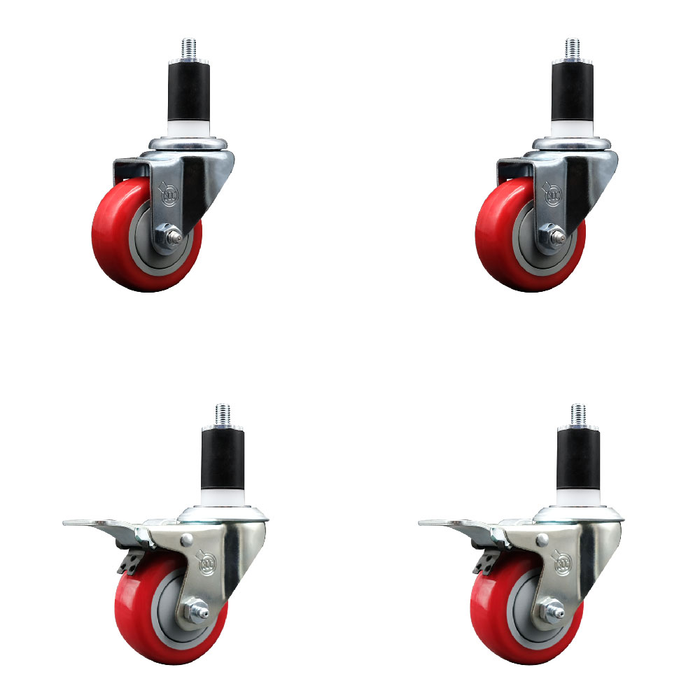 SCC-SSEXTTL20S314-PPUB-RED-2-S-2-112 Stainless Steel Polyurethane Swivel Expanding Stem Caster with 3 in. Red Wheels & 1.5 in. Stems - Set of 4