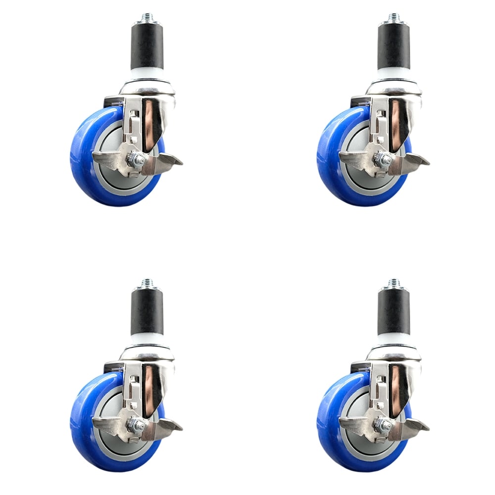 Polyurethane Swivel Stem Caster with 4 in. Blue Caster Wheels, 1.5 in. Expanding Stems - 316 Stainless Steel Casters - Set of 4