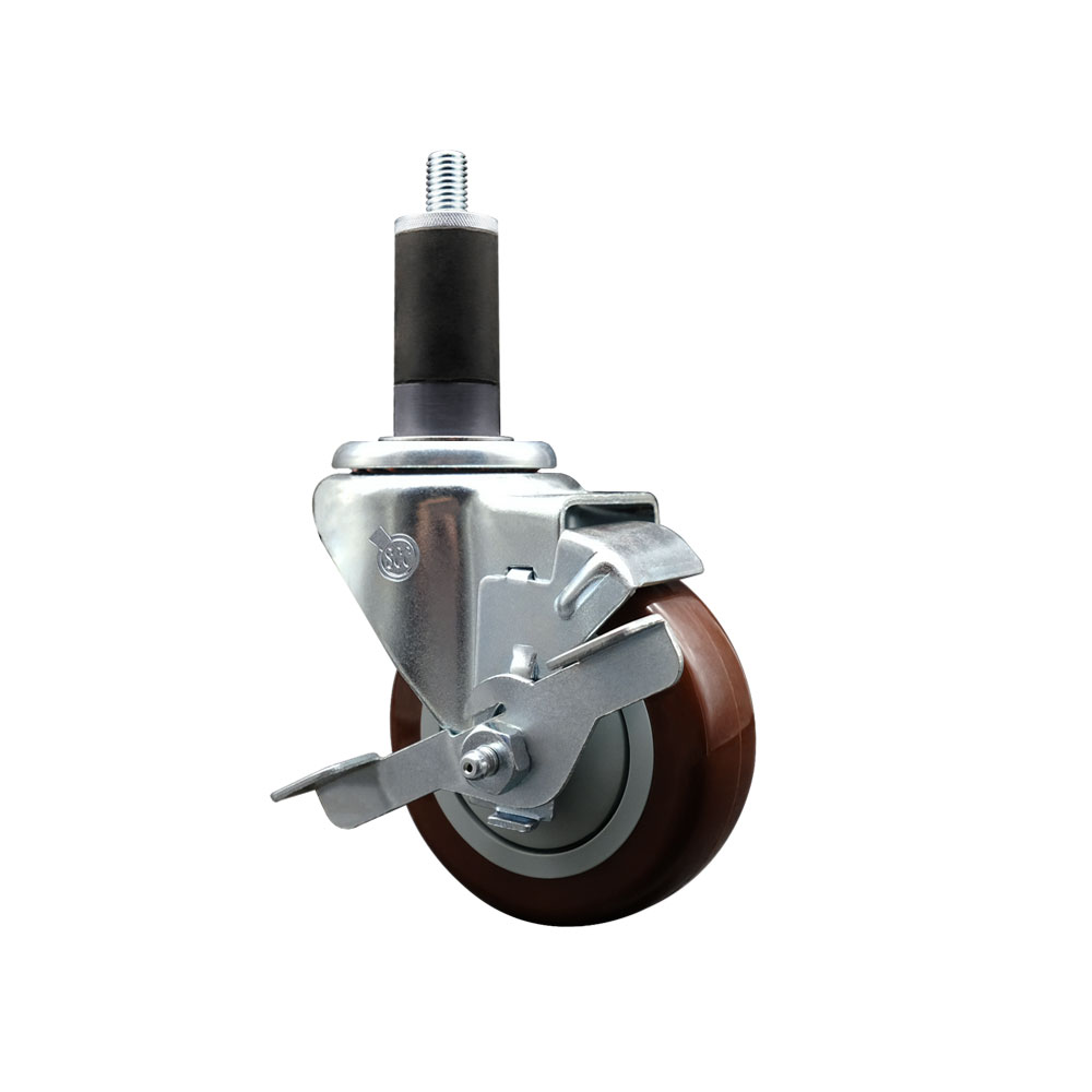 Stainless Steel Polyurethane Expanding Stem Swivel Caster with 3.5 in. Maroon Wheel & 1.25 in. Stem & Top Locking Brake