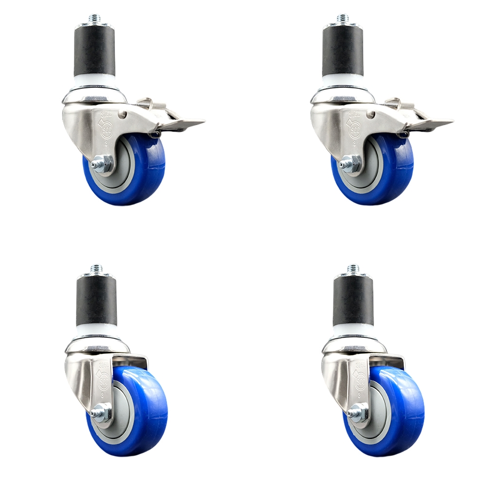 Polyurethane Swivel Stem Caster with 3.5 in. Blue Caster Wheels, 1.75 in. Expanding Stem - 316 Stainless Steel Casters - Set of 4