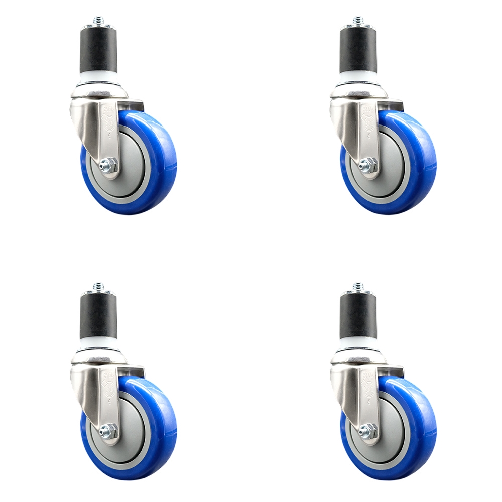 Polyurethane Swivel Stem Caster with 4 in. Blue Caster Wheels, 1.75 in. Expanding Stems - 316 Stainless Steel Casters - Set of 4