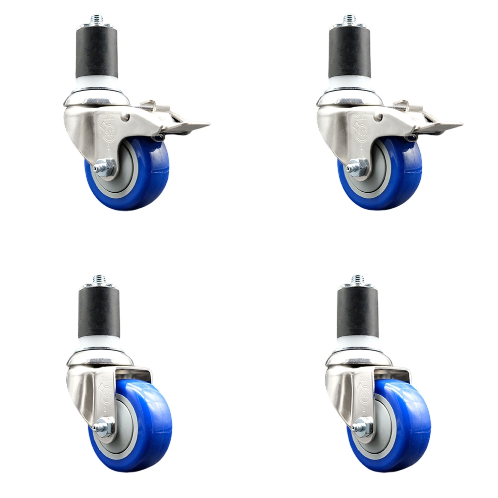 Polyurethane Swivel Stem Caster with 3 in. Blue Caster Wheels, 1.87 in. Expanding Stem - 316 Stainless Steel Casters - Set of 4