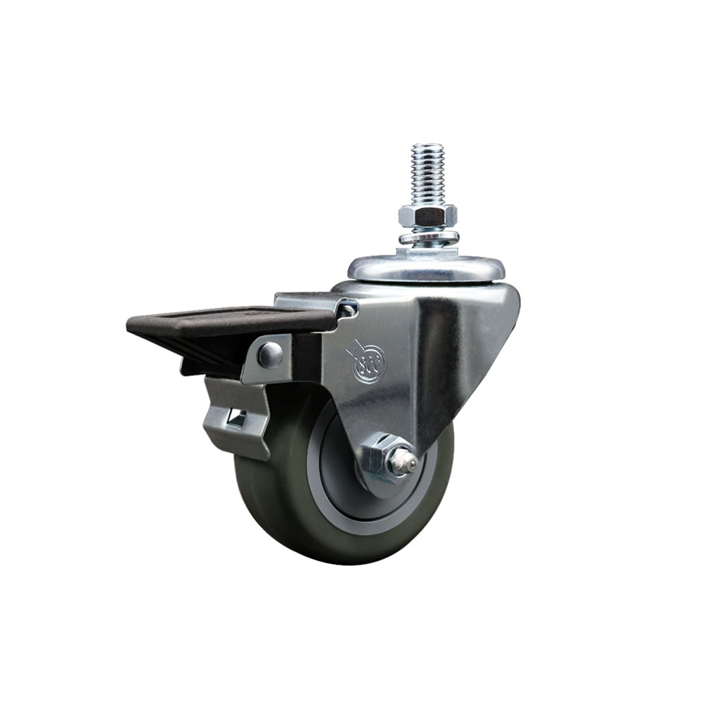 SCC-TS20S314-PPUB-PLB-M1015 Polyurethane Swivel Threaded Stem Caster with 3 x 1.25 in. gray Wheel & 10 mm Stem & Posi Locking Brake