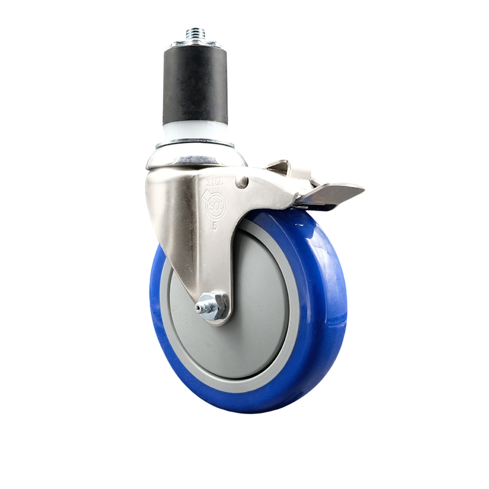 Polyurethane Swivel Stem Caster with 5 in. Blue Caster Wheels & Total Lock Brake, 1.87 in. Expanding Stem - 316 Stainless Steel Caster