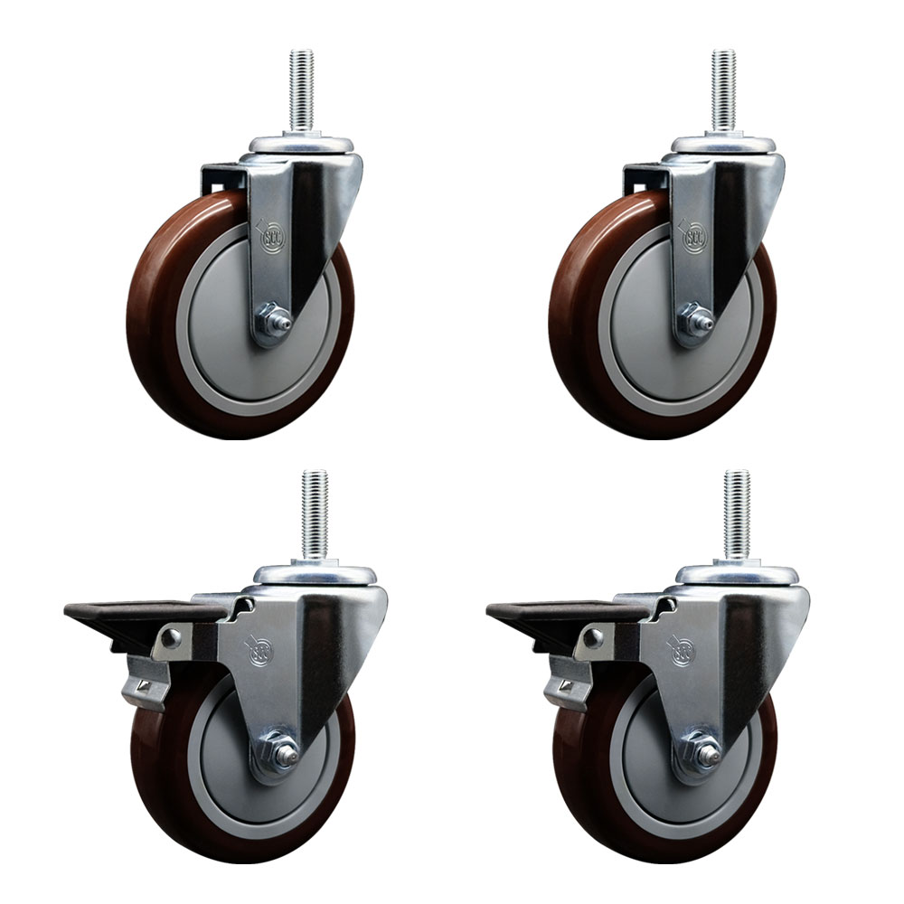 SCC-TS20S514-PPUB-MRN-34212-2-PLB-2 Polyurethane Swivel Threaded Stem Caster with 5 x 1.25 in. Maroon Wheels & 0.75 in. Stems - Set of 4