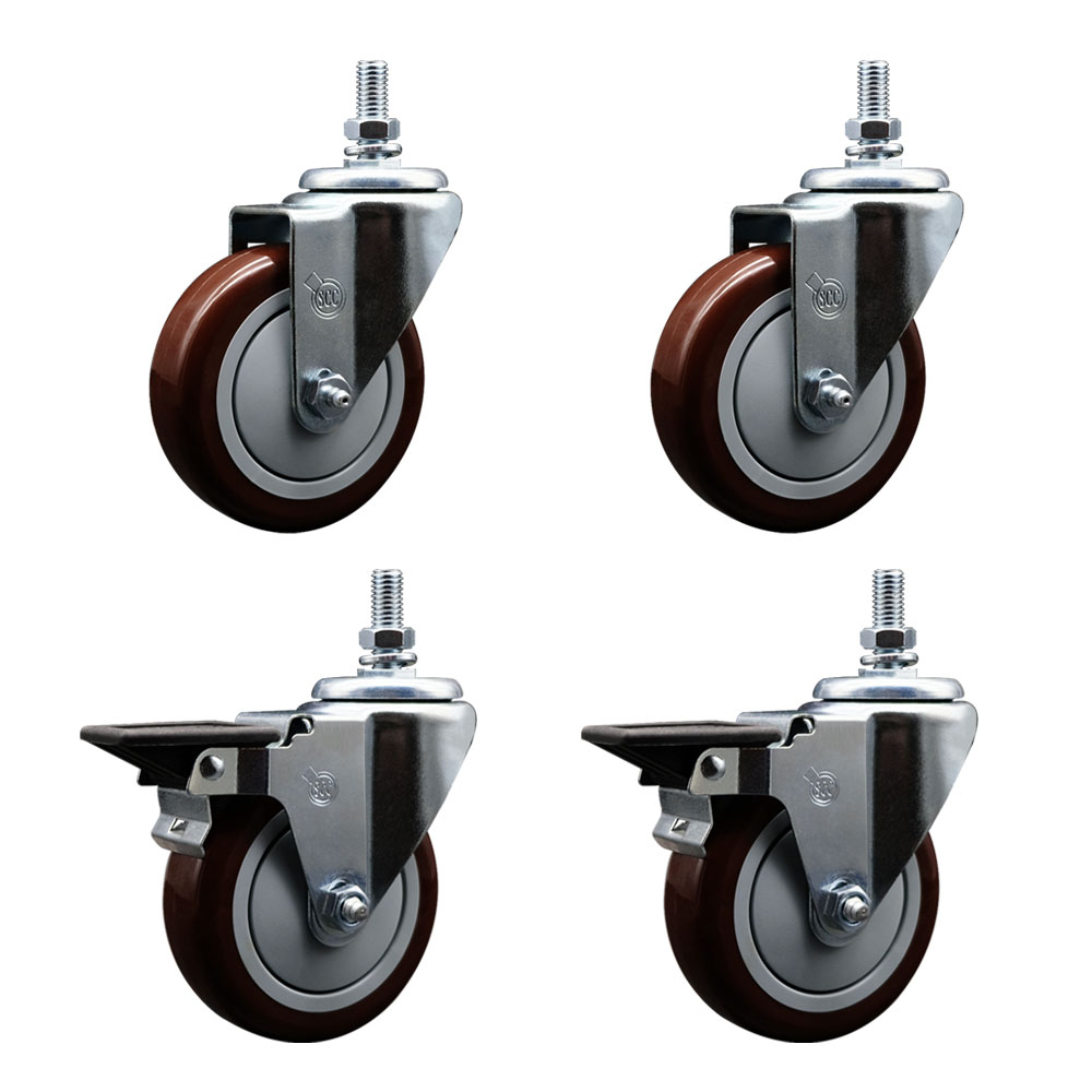 SCC-TS20S514-PPUB-MRN-M1015-2-PLB-2 Polyurethane Swivel Threaded Stem Caster with 5 x 1.25 in. Maroon Wheels & 10 mm Stems - Set of 4