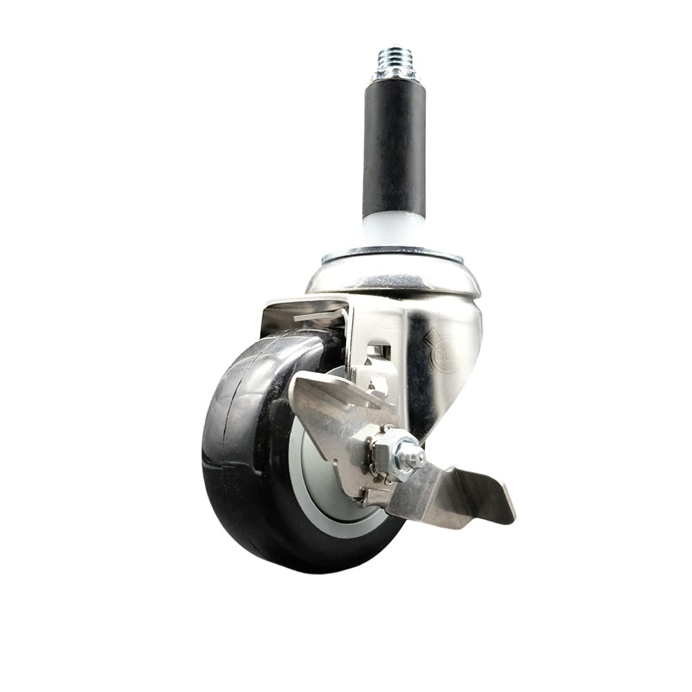 Polyurethane Swivel Stem Caster with 3 in. Black Caster Wheels & Top Lock Brake, 0.75 in. Expanding Stem - 316 Stainless Steel Caster