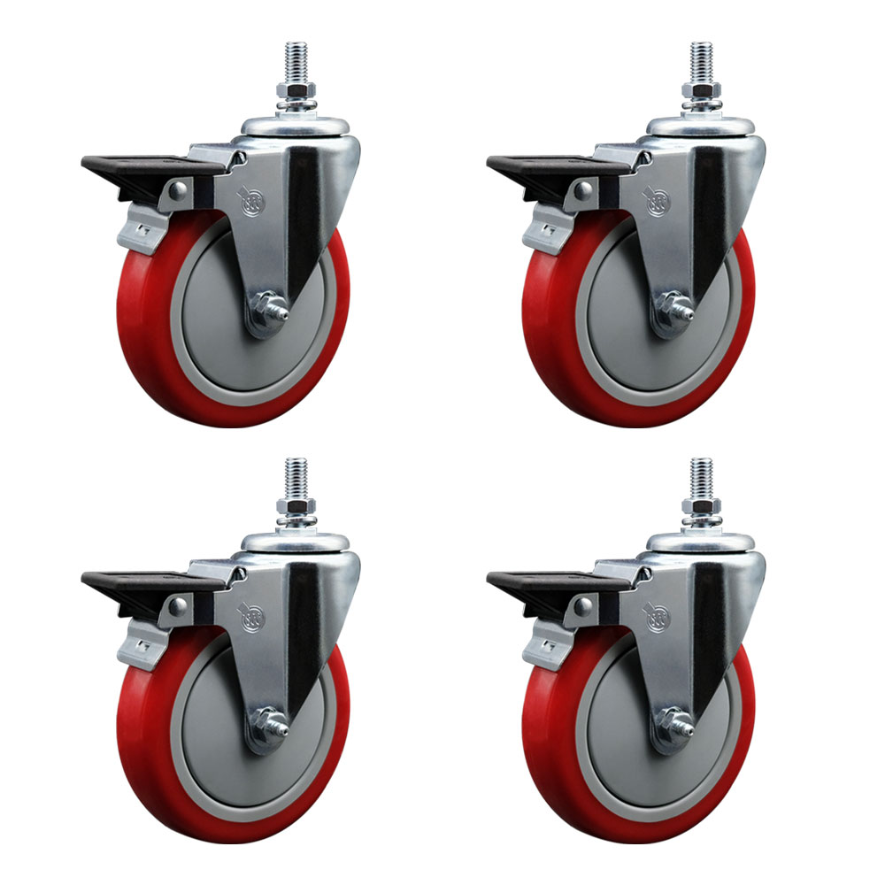 SCC-TS20S514-PPUB-RED-PLB-121315-4 Polyurethane Swivel Threaded Stem Caster with 5 x 1.25 in. Red Wheels & 0.5 in. Stems - Set of 4