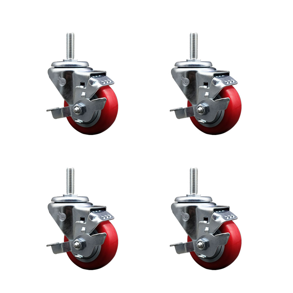 SCC-TS20S314-PPUB-RED-TLB-34212-4 Polyurethane Swivel Threaded Stem Caster with 3 x 1.25 in. Red Wheels & 0.75 in. Stems - Set of 4