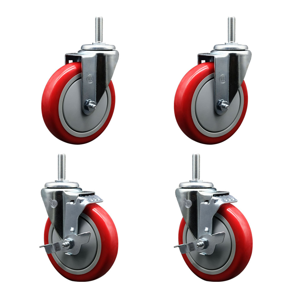 SCC-TS20S514-PPUB-RED-34212-2-TLB-2 Polyurethane Swivel Threaded Stem Caster with 5 x 1.25 in. Red Wheels & 0.75 in. Stems - Set of 4