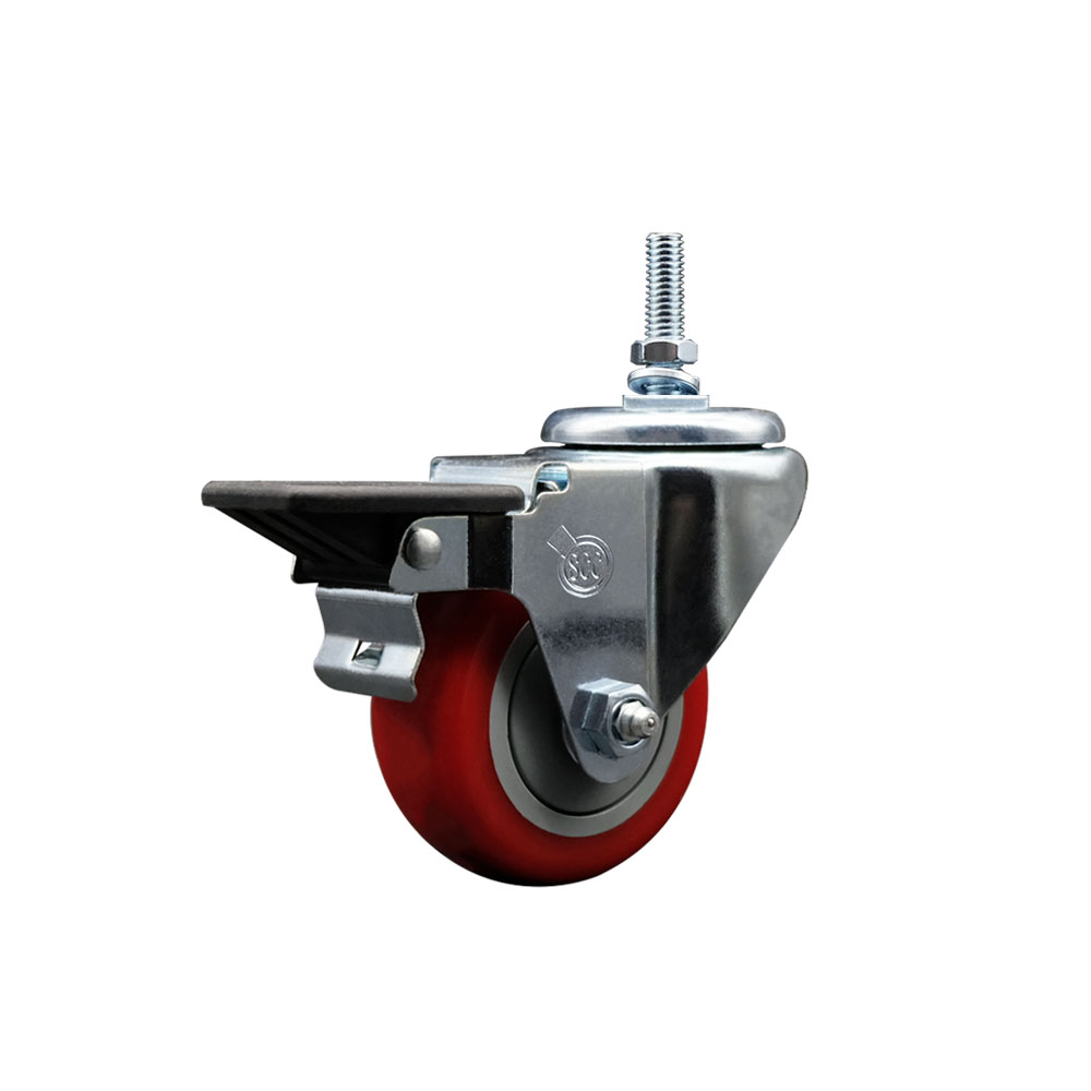SCC-TS20S314-PPUB-RED-PLB-381615 Polyurethane Swivel Threaded Stem Caster with 3 x 1.25 in. Red Wheel & 0.38 in. Stem & Posi Locking Brake