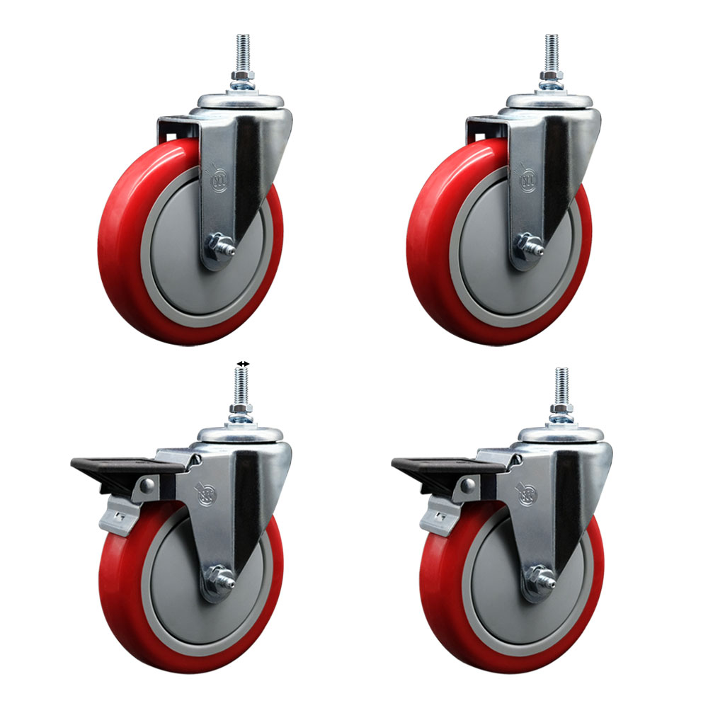 SCC-TS20S514-PPUB-RED-381615-2-PLB-2 Polyurethane Swivel Threaded Stem Caster with 5 x 1.25 in. Red Wheels & 0.38 in. Stems - Set of 4
