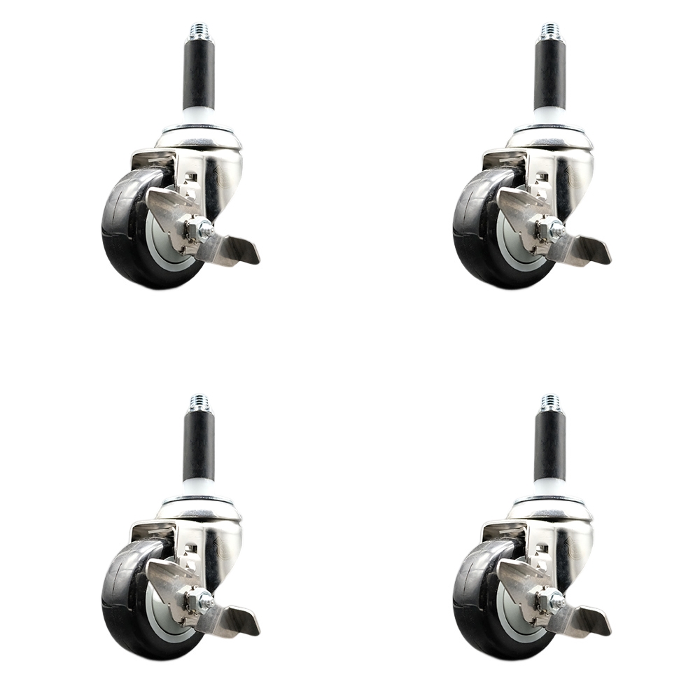Polyurethane Swivel Stem Caster with 3.5 in. Black Caster Wheels, 0.75 in. Expanding Stems - 316 Stainless Steel Casters - Set of 4