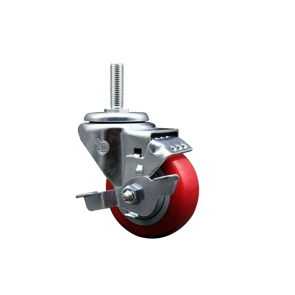 SCC-TS20S314-PPUB-RED-TLB-58212 Polyurethane Swivel Threaded Stem Caster with 3 x 1.25 in. Red Wheel & 0.63 in. Stem & Top Locking Brake