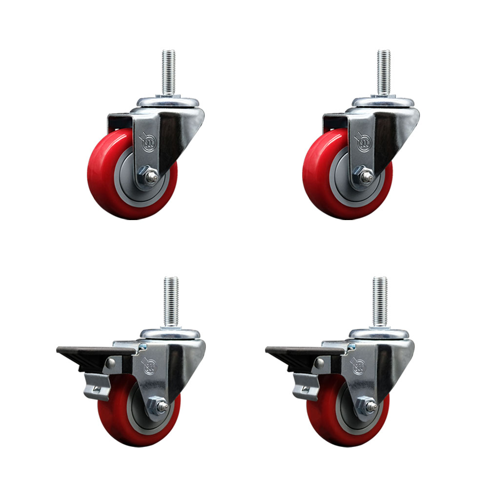 SCC-TS20S314-PPUB-RED-58212-2-PLB-2 Polyurethane Swivel Threaded Stem Caster with 3 x 1.25 in. Red Wheels & 0.63 in. Stems - Set of 4