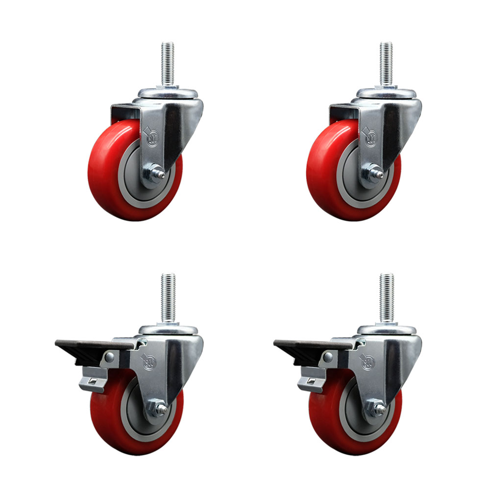 SCC-TS20S3514-PPUB-RED-58212-2-PLB-2 Polyurethane Swivel Threaded Stem Caster with 3.5 x 1.25 in. Red Wheels & 0.63 in. Stems - Set of 4