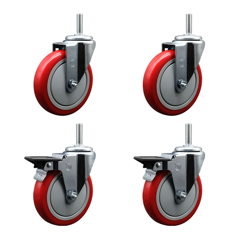SCC-TS20S514-PPUB-RED-58212-2-PLB-2 Polyurethane Swivel Threaded Stem Caster with 5 x 1.25 in. Red Wheels & 0.63 in. Stems - Set of 4