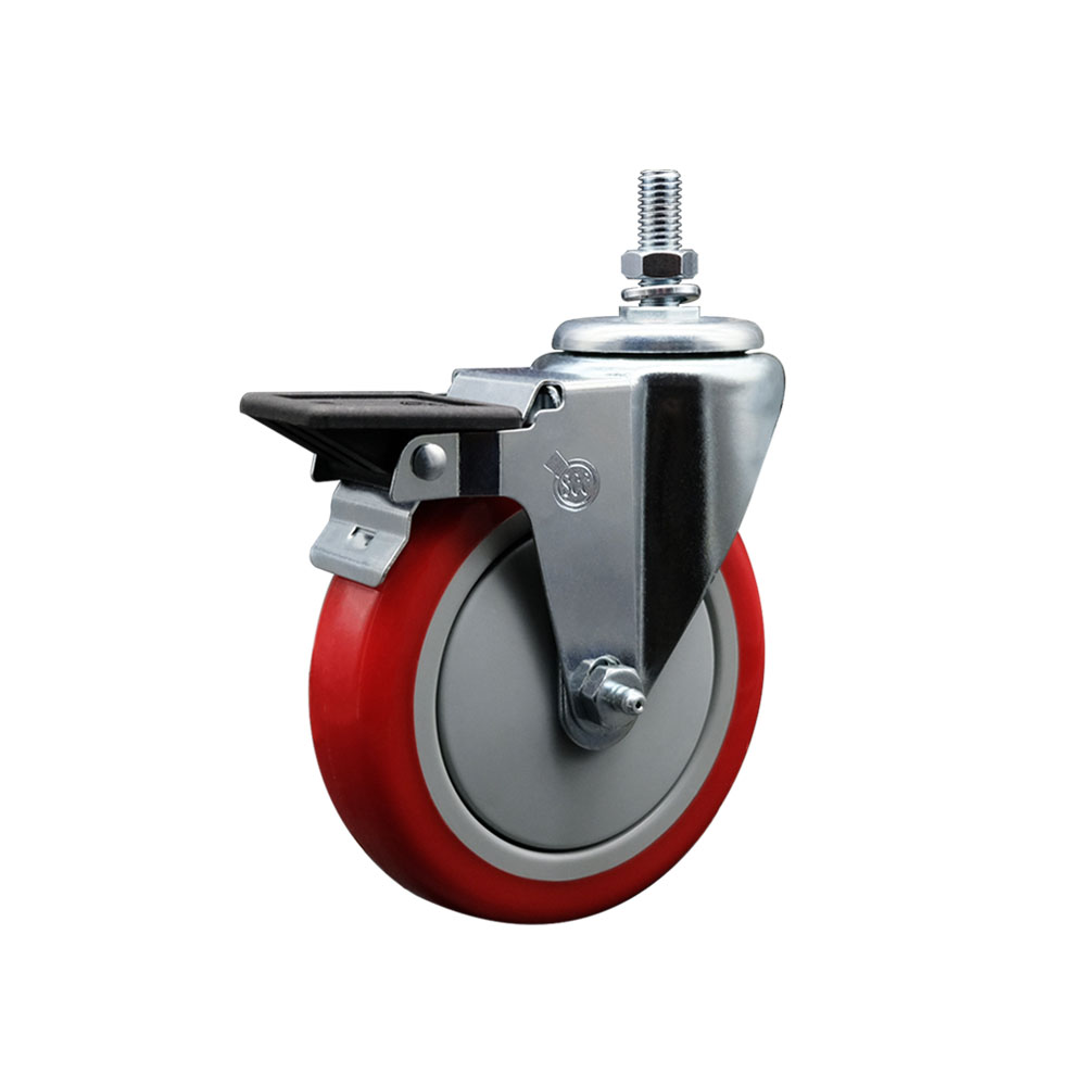 SCC-TS20S514-PPUB-RED-PLB-M1015 Polyurethane Swivel Threaded Stem Caster with 5 x 1.25 in. Red Wheel & 10 mm Stem & Posi Locking Brake