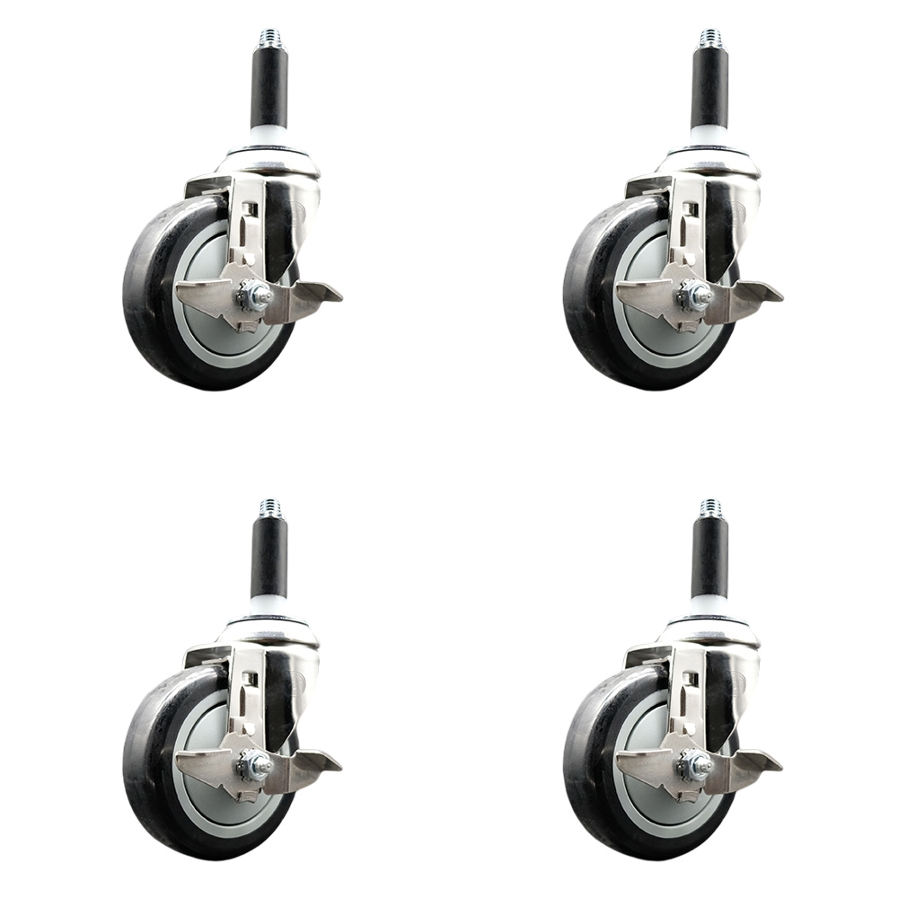 Polyurethane Swivel Stem Caster with 4 in. Black Caster Wheels, 0.75 in. Expanding Stems - 316 Stainless Steel Casters - Set of 4