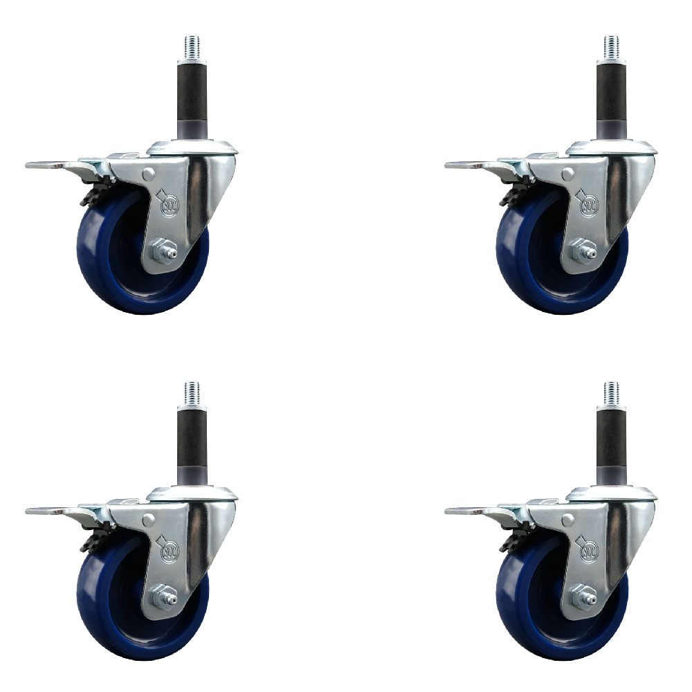 Stainless Steel Solid Polyurethane Swivel Expanding Stem Caster with 3.5 in. Blue Wheels & 1 in. Stems4 Swivel with Total Locking Brake - Set of 4