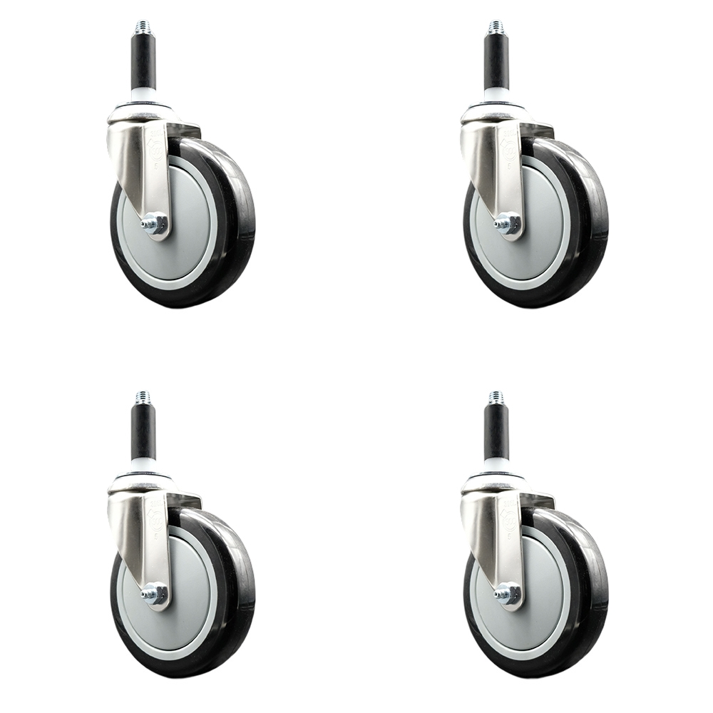 Polyurethane Swivel Stem Caster with 5 in. Black Caster Wheels, 0.75 in. Expanding Stems - 316 Stainless Steel Casters - Set of 4
