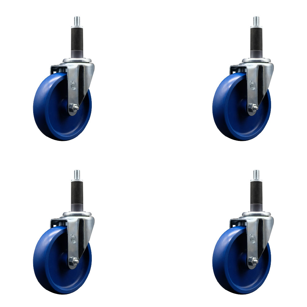 SCC-SSEX20S514-SPUS-1-4 Stainless Steel Solid Polyurethane Swivel Expanding Stem Caster with 5 in. Blue Wheels & 1 in. Stems - Set of 4