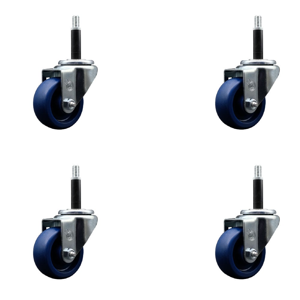 SCC-SSEX20S314-SPUS-34-4 Stainless Steel Solid Polyurethane Swivel Expanding Stem Caster with 3 in. Blue Wheels & 0.75 in. Stems - Set of 4