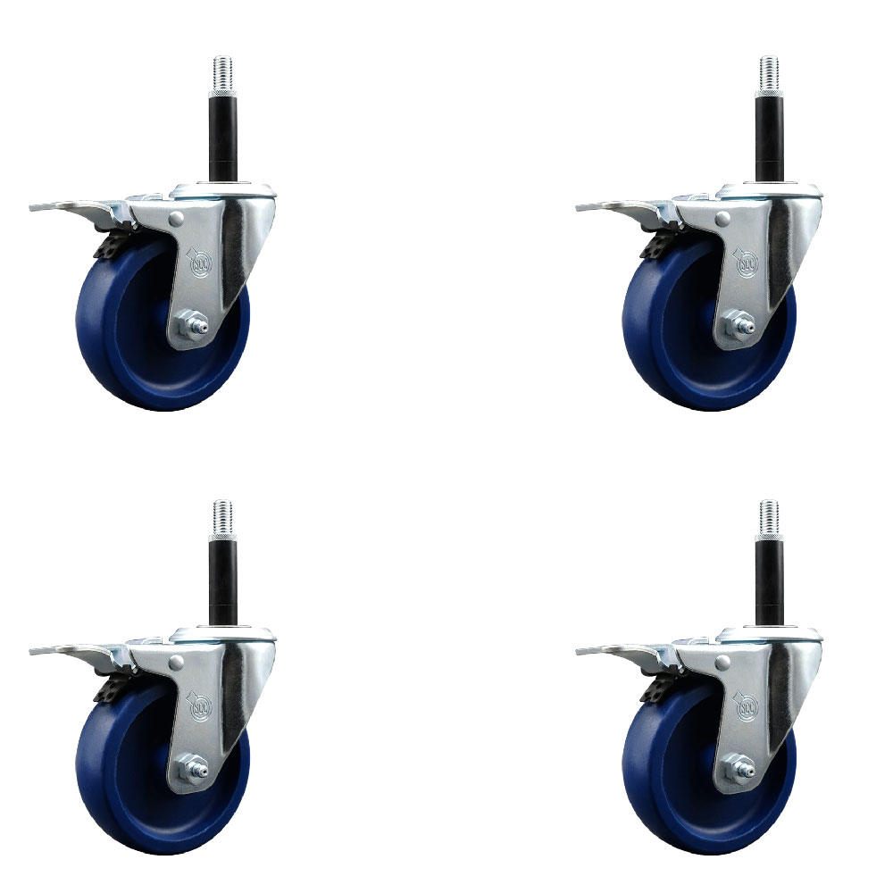 Stainless Steel Solid Polyurethane Swivel Expanding Stem Caster with 4 in. Blue Wheel & 0.75 in. Stems 4 Swivel with Total Locking Brake - Set of 4
