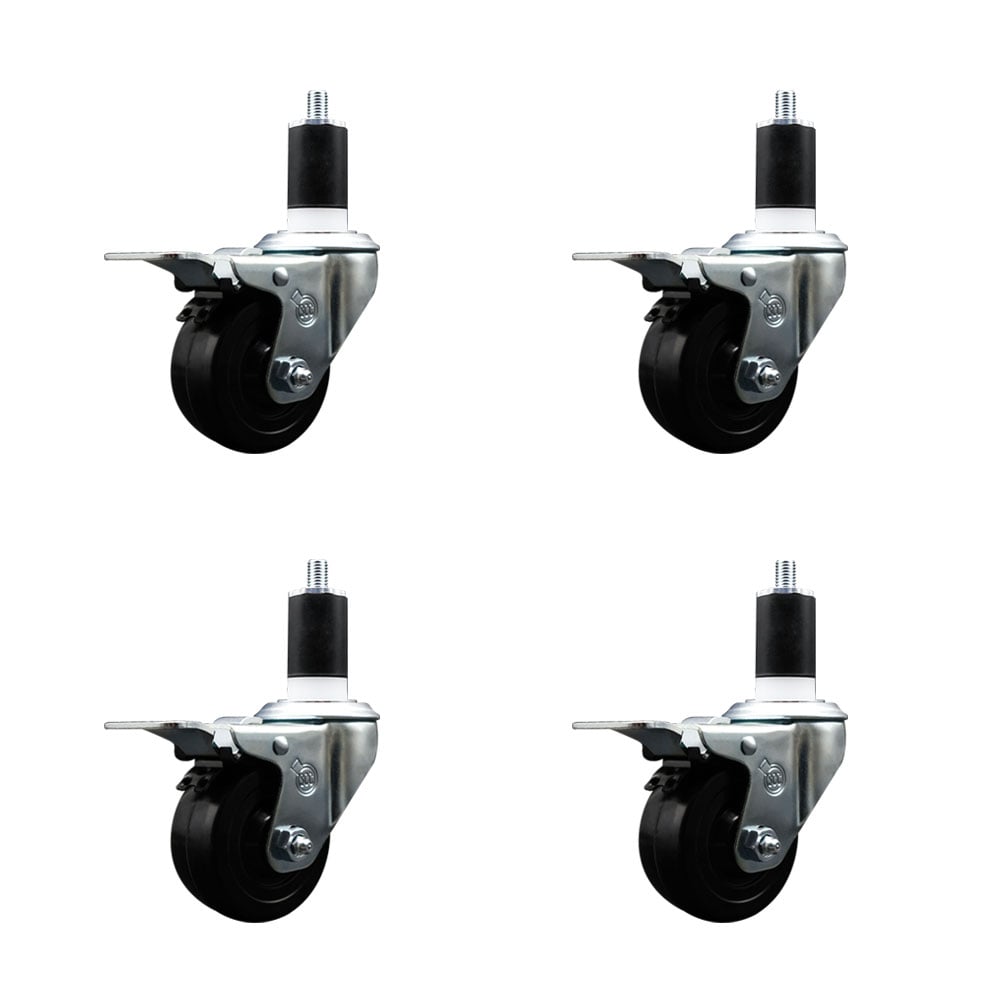 Stainless Steel Soft Rubber Swivel Expanding Stem Caster with 3 in. Black Wheels & 1.5 in. Stems, 4 Swivel with Total Locking Brakes - Set of 4