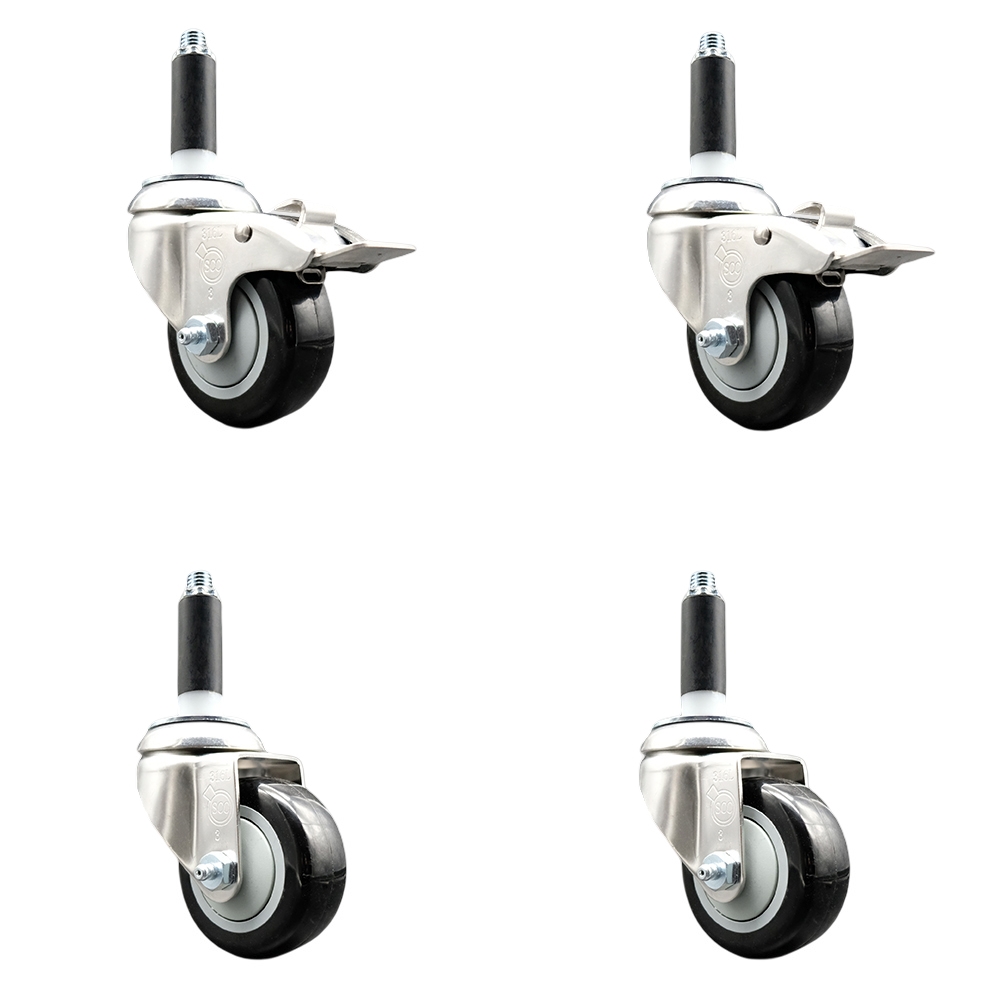Polyurethane Swivel Stem Caster with 3.5 in. Black Caster Wheels, 0.87 in. Expanding Stem - 316 Stainless Steel Casters - Set of 4