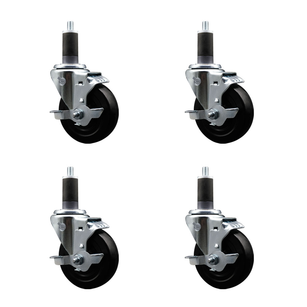 Stainless Steel Soft Rubber Swivel Expanding Stem Caster with 4 in. Black Wheels & 1.25 in. Stems, 4 Swivel with Top Locking Brakes - Set of 4