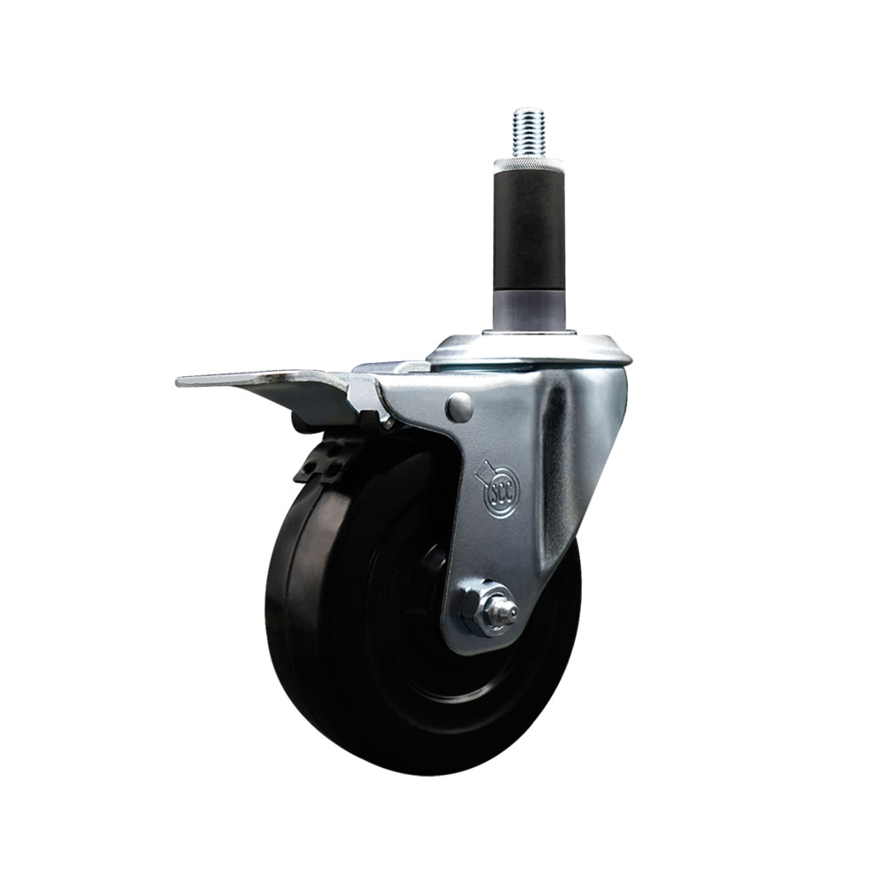 SCC-EXTTL20S414-SRS-118 Soft Rubber Expanding Stem Swivel Caster with 4 in. Black Wheel & 1.13 in. Stem & Total Locking Brake