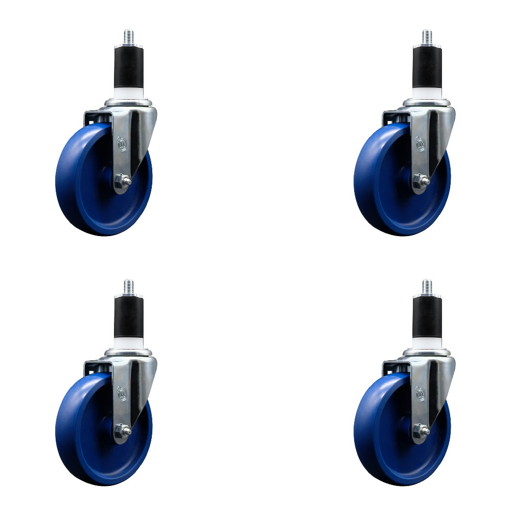 SCC-SSEX20S514-SPUS-112-4 Stainless Steel Solid Polyurethane Swivel Expanding Stem Caster with 5 in. Blue Wheels & 1.5 in. Stems - Set of 4