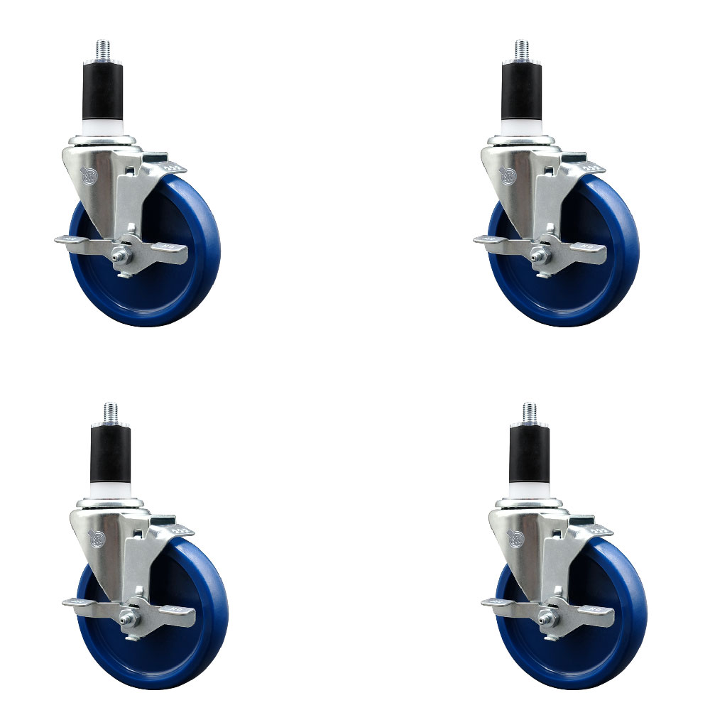 Stainless Steel Solid Polyurethane Swivel Expanding Stem Caster with 5 in. Blue Wheels & 1.5 in. Stems4 Swivel with Top Locking Brake - Set of 4