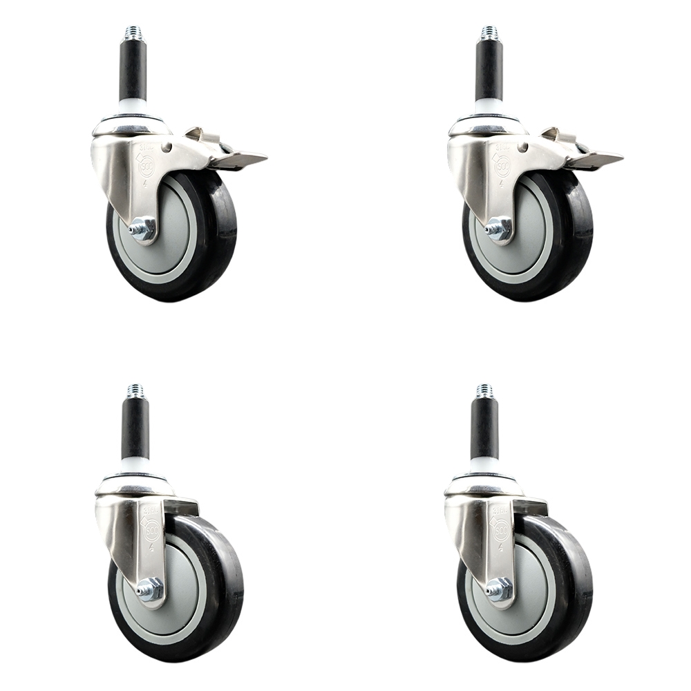 Polyurethane Swivel Stem Caster with 4 in. Black Caster Wheels, 0.87 in. Expanding Stem - 316 Stainless Steel Casters - Set of 4