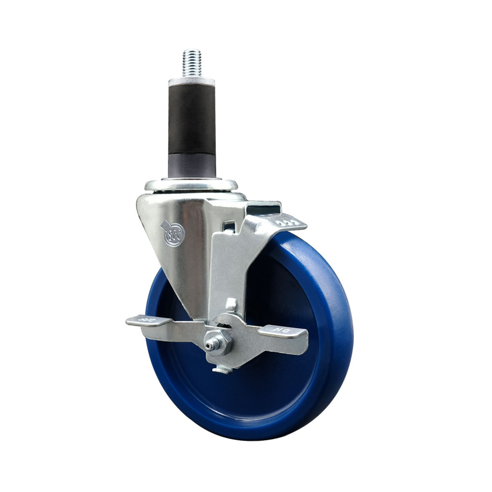 SCC-EX20S514-SPUS-TLB-114 Solid Polyurethane Expanding Stem Swivel Caster with 5 in. Blue Wheel & 1.25 in. Stem & Top Locking Brake