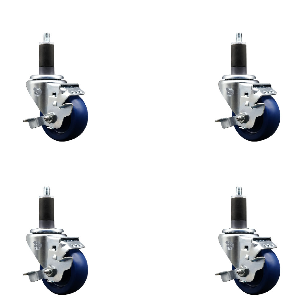 Stainless Steel Solid Polyurethane Swivel Expanding Stem Caster with 3 in. Blue Wheel & 1.25 in. Stems 4 Swivel with Top Locking Brake - Set of 4