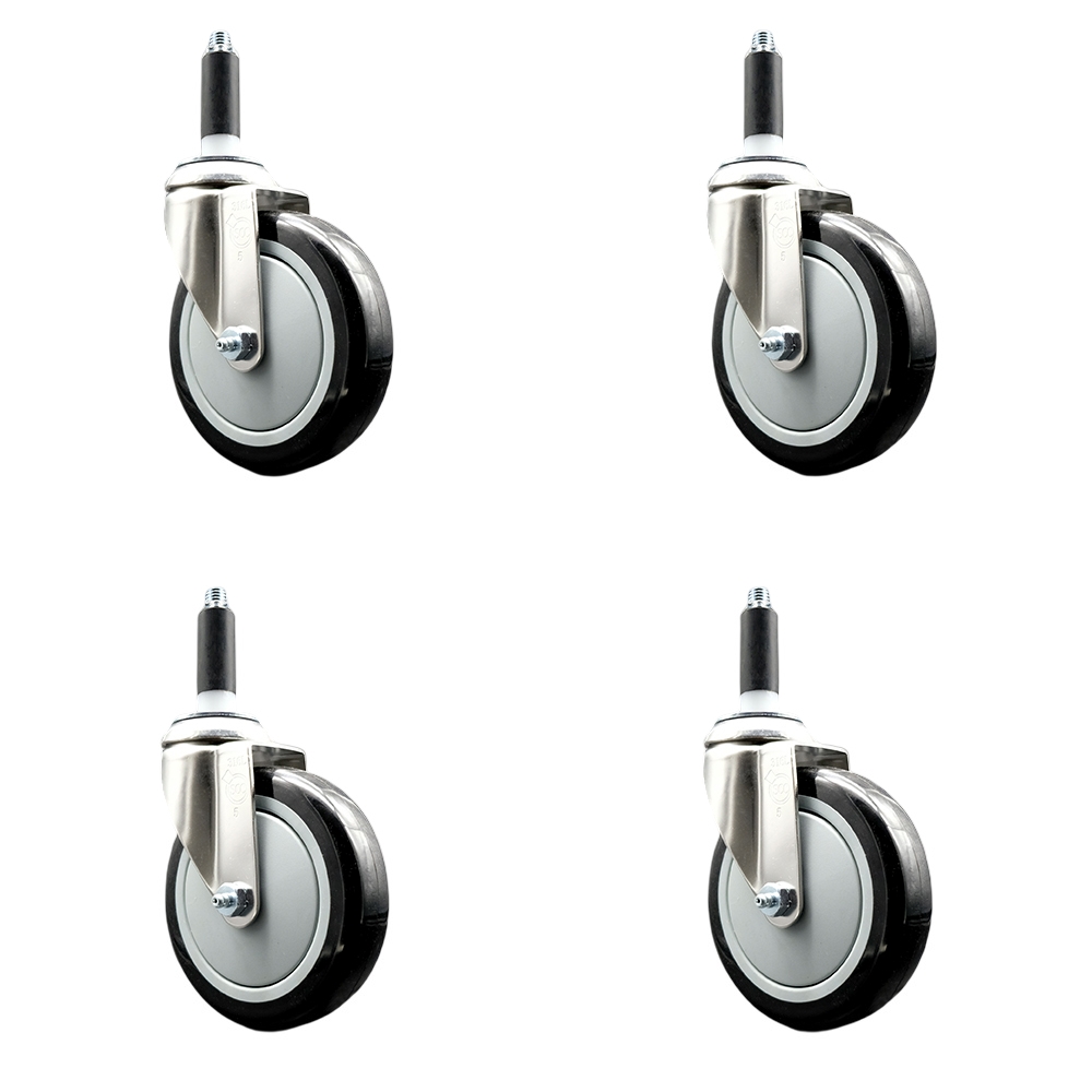 Polyurethane Swivel Stem Caster with 5 in. Black Caster Wheels, 0.87 in. Expanding Stems - 316 Stainless Steel Casters - Set of 4