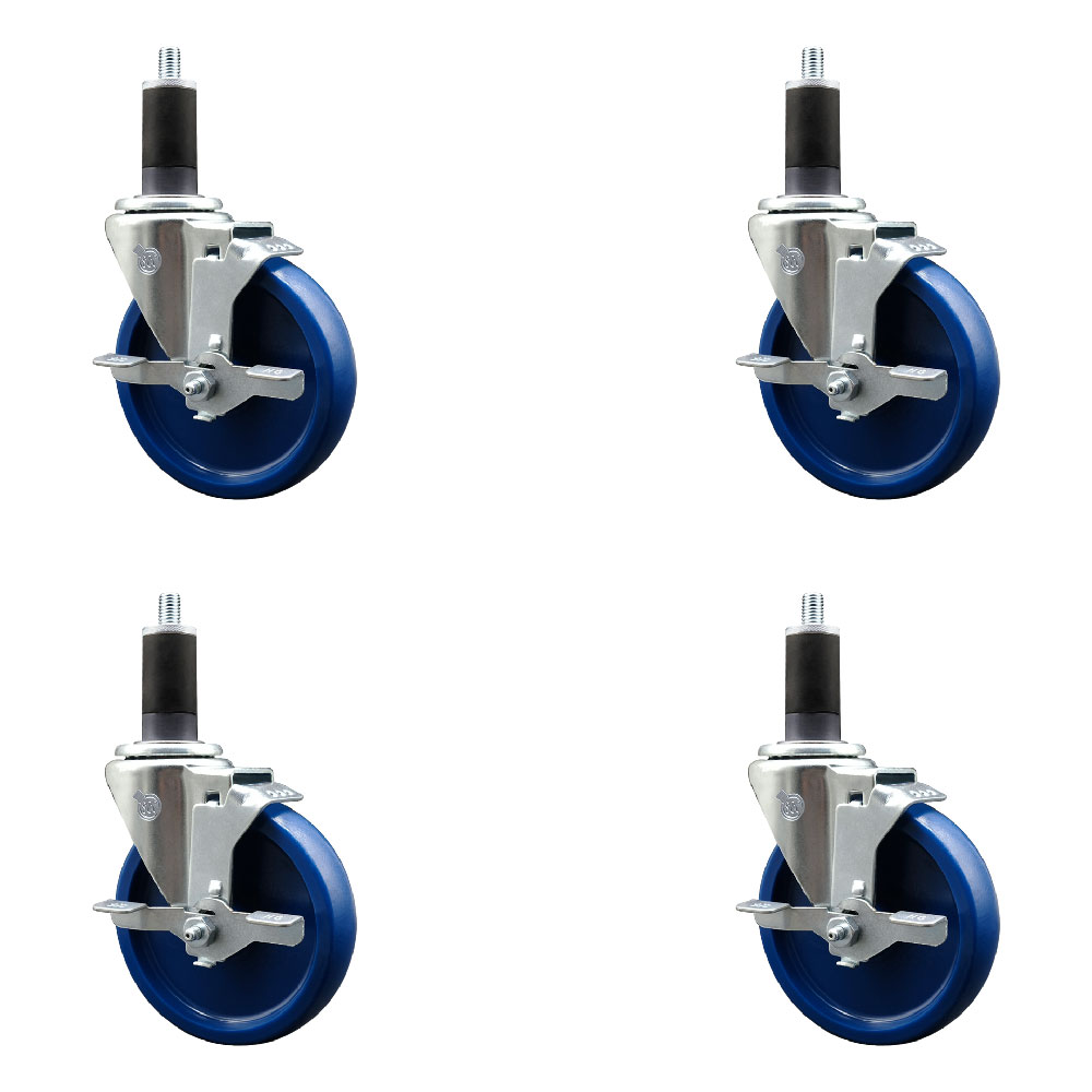 Stainless Steel Solid Polyurethane Swivel Expanding Stem Caster with 5 in. Blue Wheel & 1.25 in. Stems 4 Swivel with Top Locking Brake - Set of 4