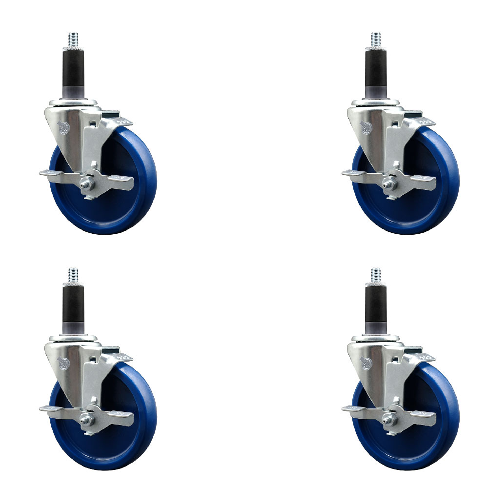 Stainless Steel Solid Polyurethane Swivel Expanding Stem Caster with 5 in. Blue Wheel & 1.13 in. Stems 4 Swivel with Top Locking Brake - Set of 4