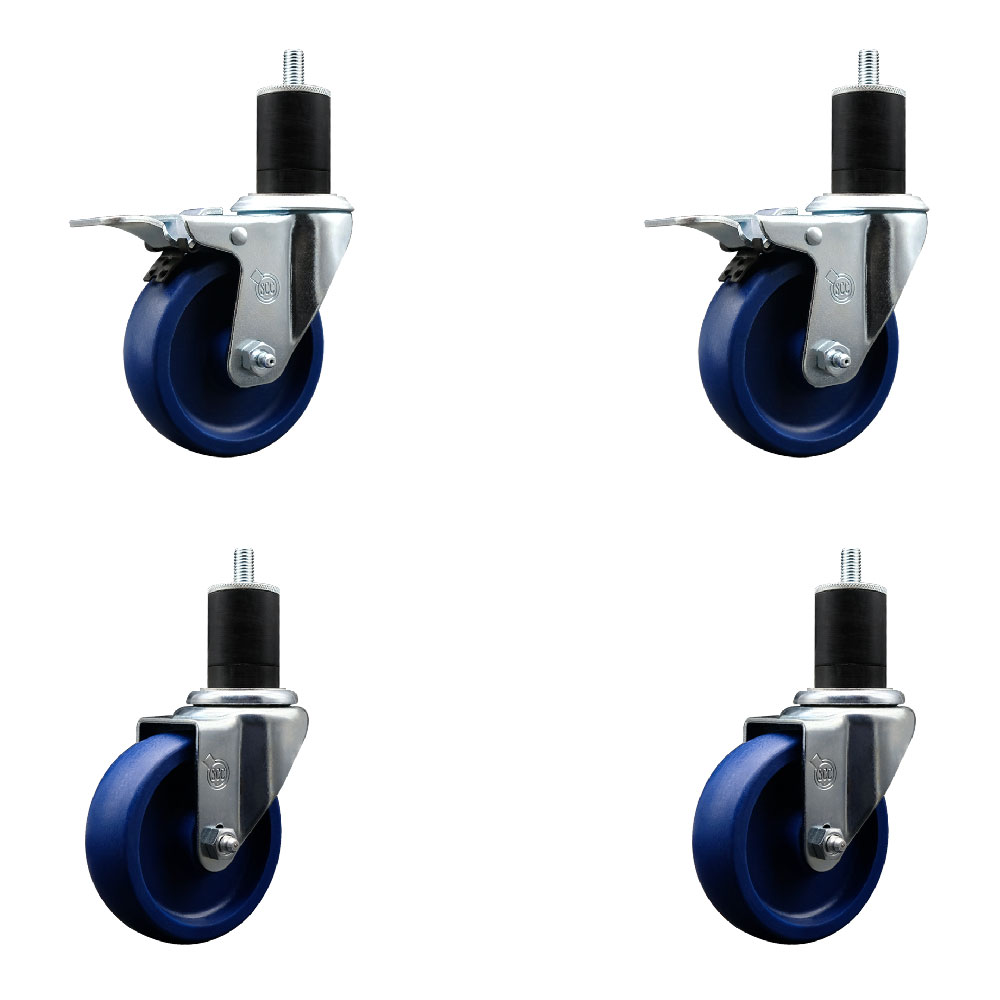 Stainless Steel Solid Polyurethane Swivel Expanding Stem Caster with 4 in. Blue Wheels & 1.75 in. Stems 2 with Total Locking Brakes - Set of 4