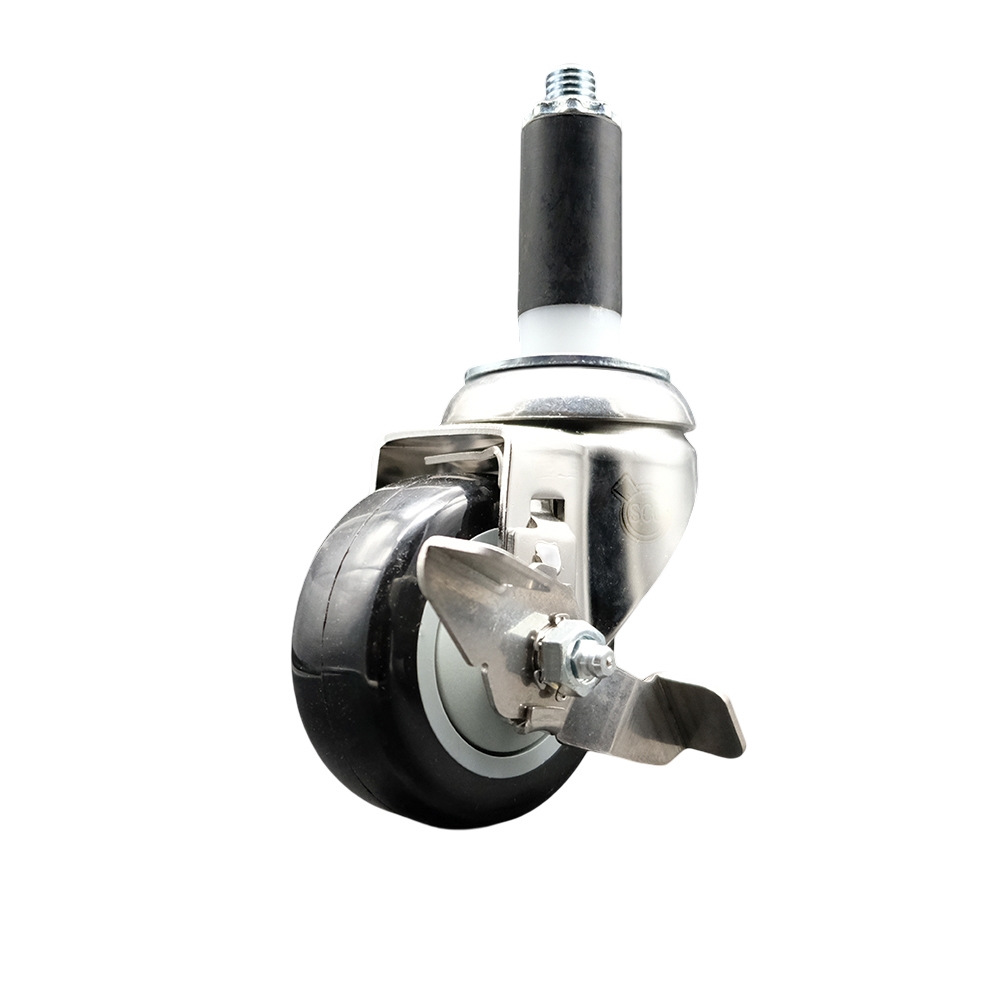 Polyurethane Swivel Stem Caster with 3.5 in. Black Caster Wheels & Top Lock Brake, 1 in. Expanding Stem - 316 Stainless Steel Caster
