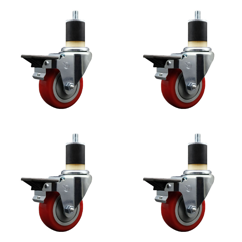SCC-EX20S3514-PPUB-RED-PLB-178-4 Polyurethane Swivel Expanding Stem Caster with 3.5 in. Red Wheels & 1.87 in. Stems - Set of 4