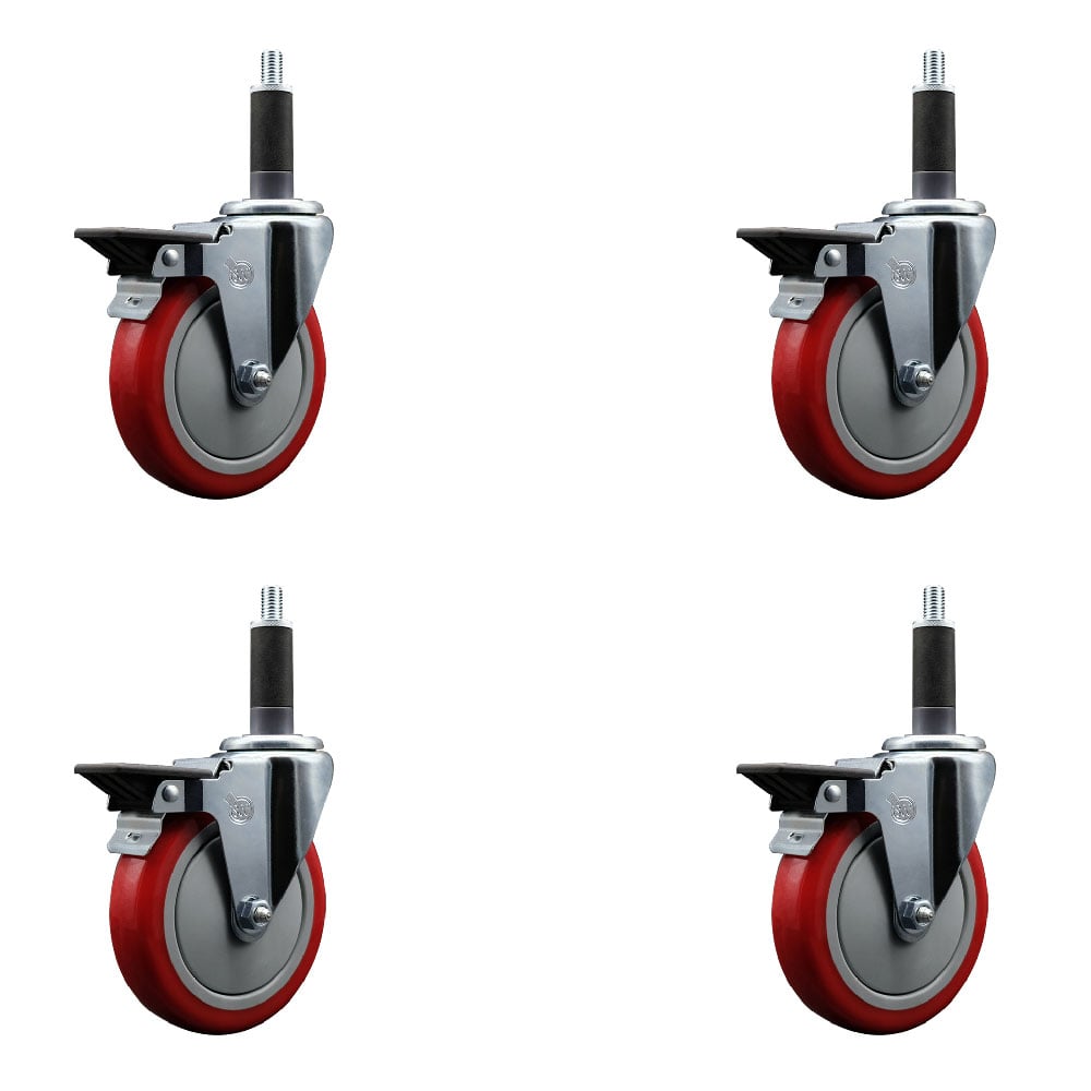 SCC-EX20S514-PPUB-RED-PLB-1-4 Polyurethane Swivel Expanding Stem Caster with 5 in. Red Wheels & 1 in. Stems - Set of 4