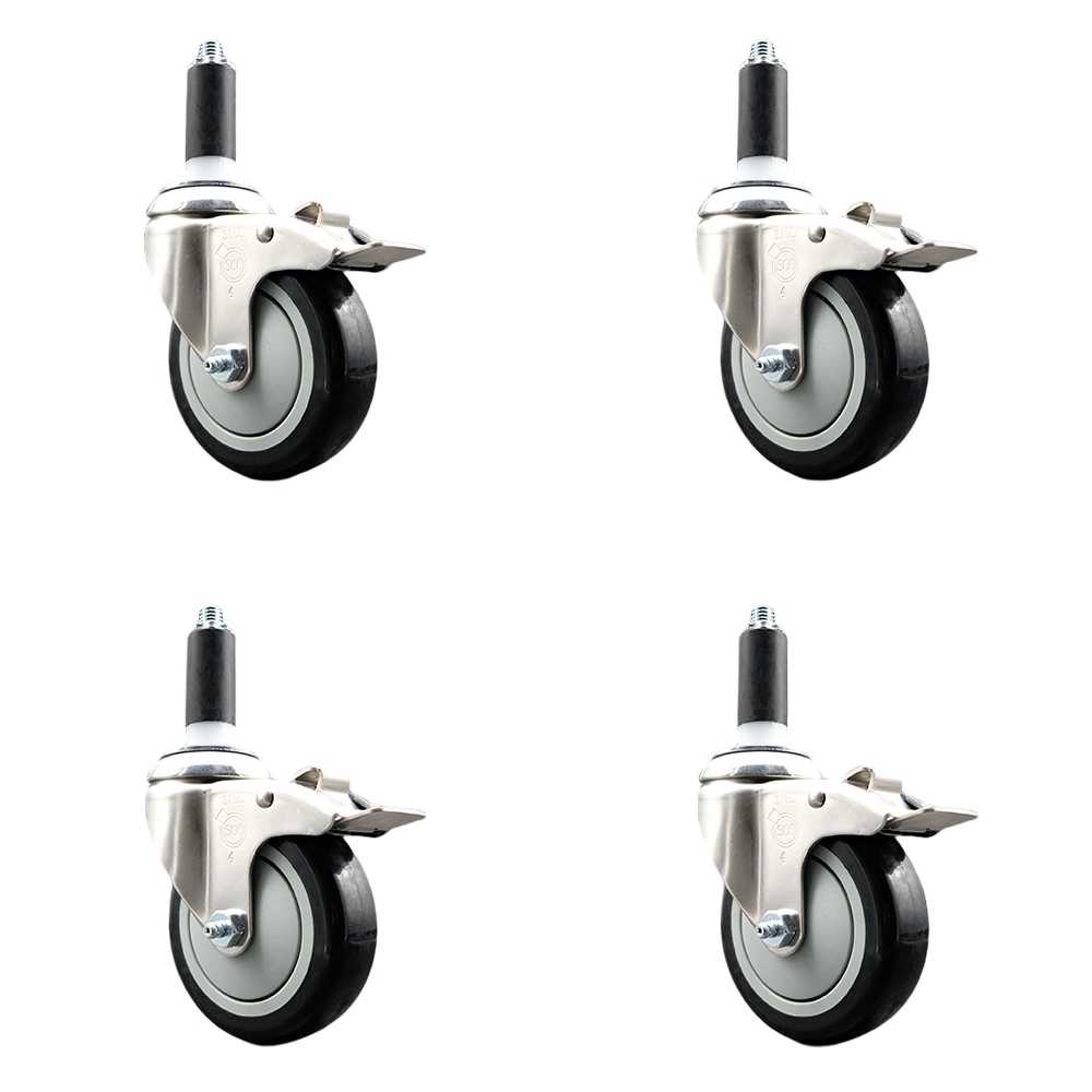 Polyurethane Swivel Stem Caster with 4 in. Black Caster Wheels, 1 in. Expanding Stems - 316 Stainless Steel Casters - Set of 4