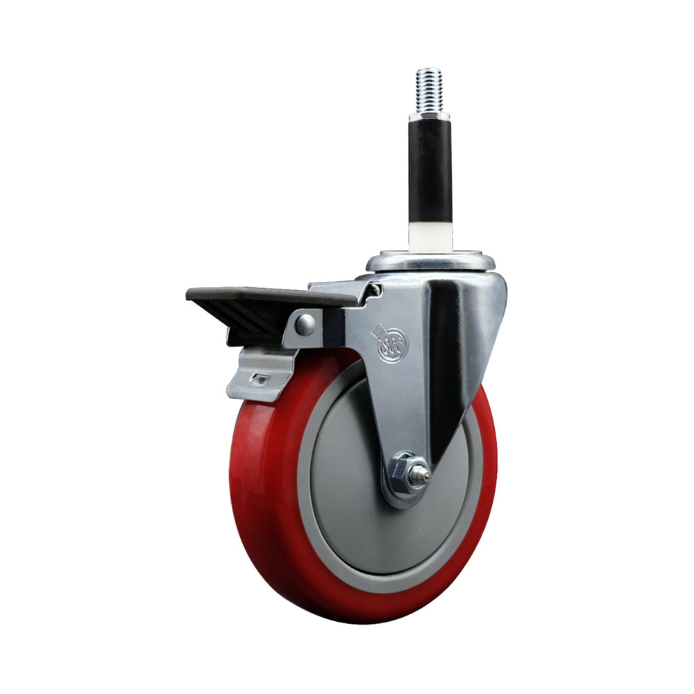 SCC-EX20S514-PPUB-RED-PLB-78 Polyurethane Expanding Stem Swivel Caster with 5 in. Red Wheel & 0.87 in. Stem & Posi Locking Brake