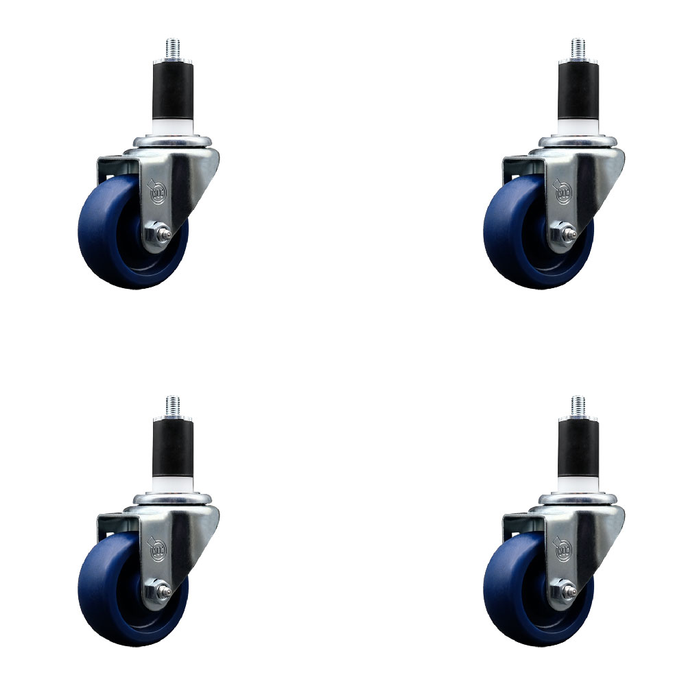SCC-SSEX20S314-SPUS-112-4 Stainless Steel Solid Polyurethane Swivel Expanding Stem Caster with 3 in. Blue Wheels & 1.5 in. Stems - Set of 4