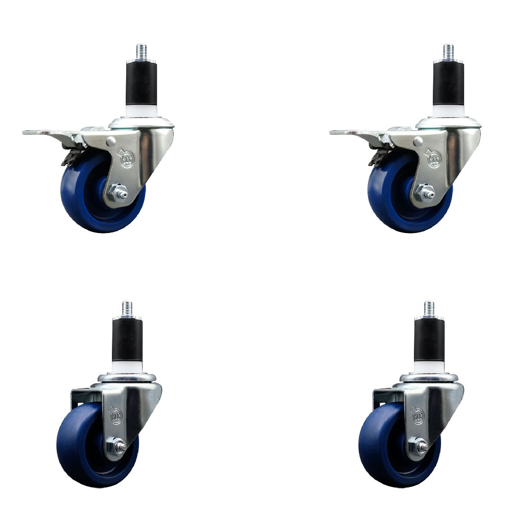 Stainless Steel Solid Polyurethane Swivel Expanding Stem Caster with 3 in. Blue Wheels & 1.5 in. Stems 2 with Total Locking Brakes - Set of 4